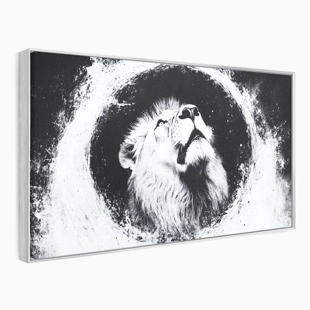 Tablou canvas cu tablou canvas cu leu alb si negru, in rama de aluminiu argintiu